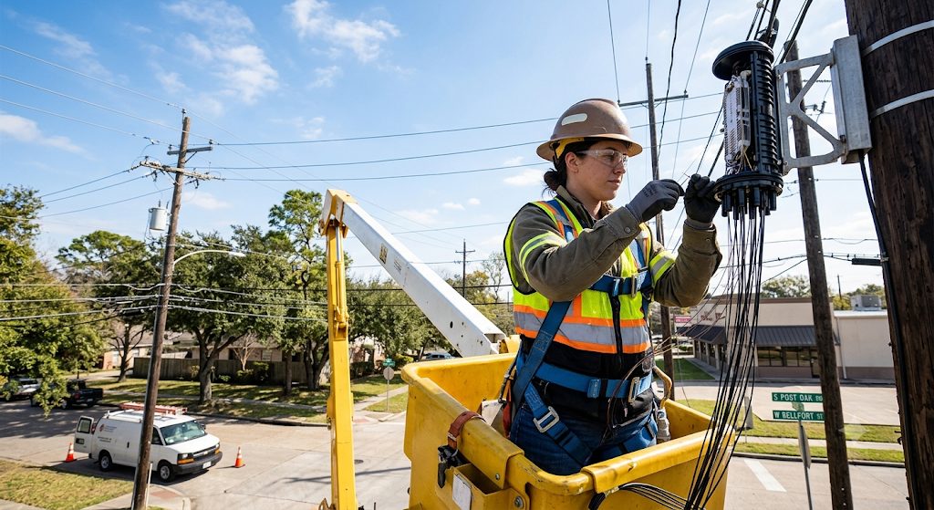 Technician working an aerial fiber terminal on a utility pole