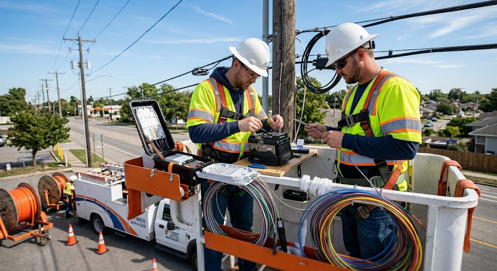 Aerial fiber splicing crew working from a bucket truck